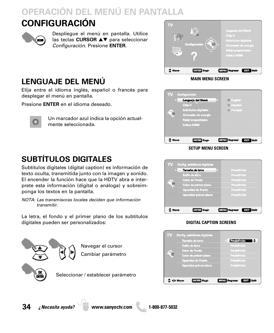 Sanyo DP46849 Operación DEL Menú EN Pantalla Configuración, Lenguaje DEL Menú, Subtítulos Digitales, Main Menu Screen 