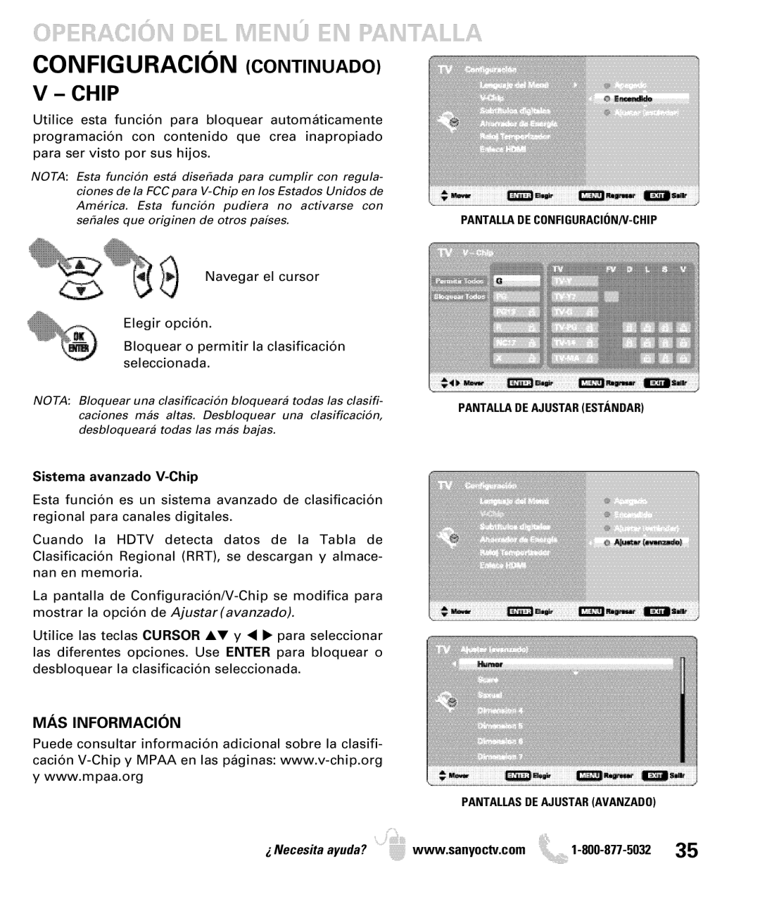 Sanyo DP52449 manual MÁS Información, Sistema avanzado V-Chip, Pantalla DE Ajustar Estándar Pantallas DE Ajustar Avanzado 