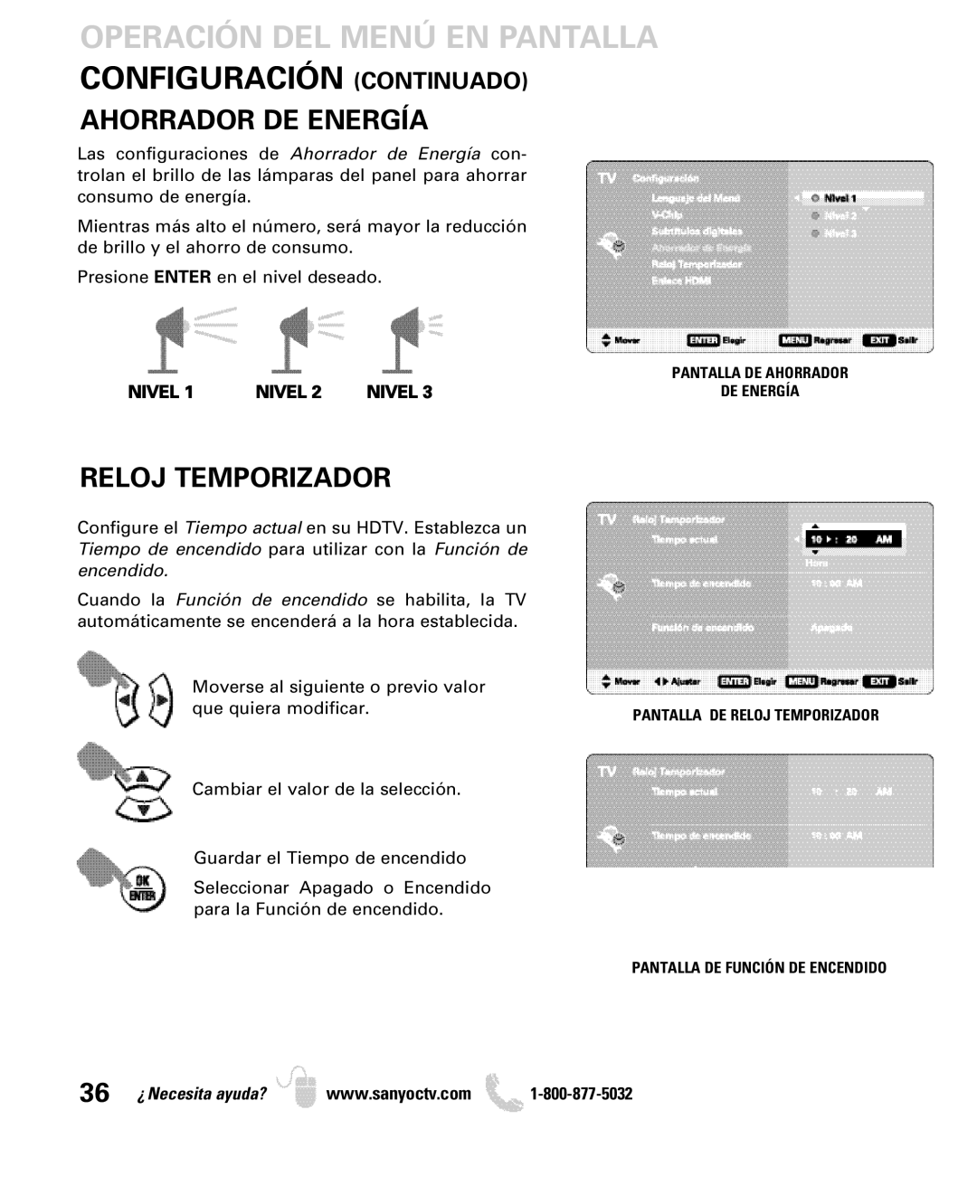 Sanyo DP42849, DP46849, DP52449 manual Ahorrador DE Energía, Reloj Temporizador, Nivel, Pantalla DE Función DE Encendido 