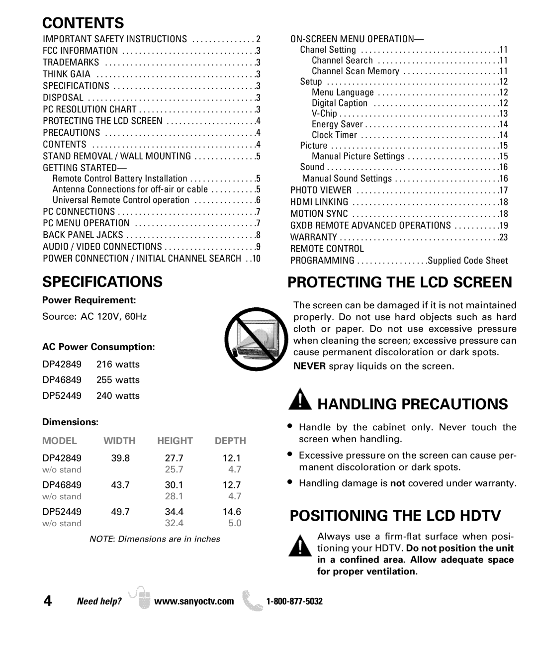 Sanyo DP46849, DP42849 Contents, Specifications, Protecting the LCD Screen, Handling Precautions, Positioning the LCD Hdtv 