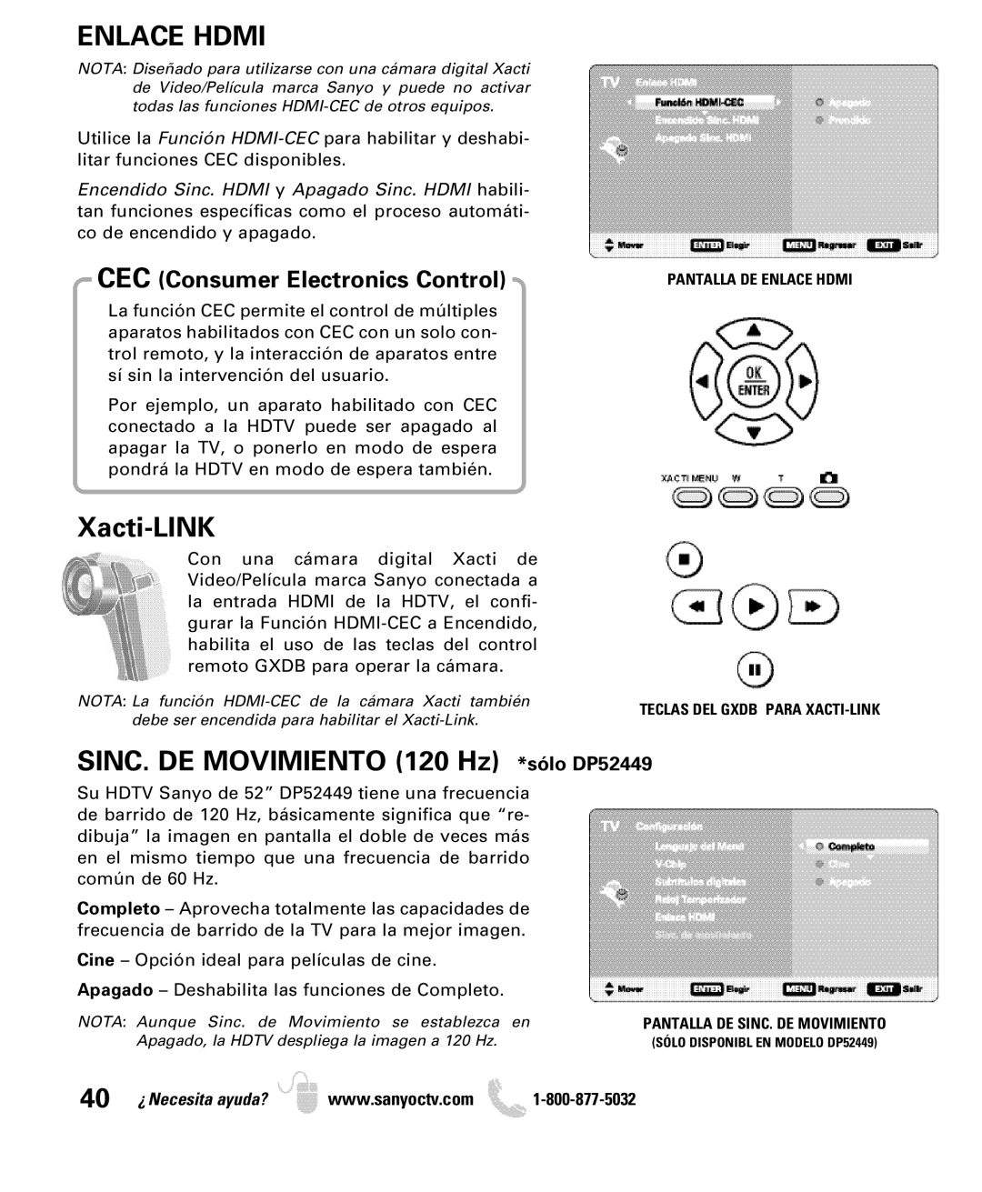 Sanyo DP46849, DP42849 manual Pantalla DE Enlace Hdmi Teclas DEL Gxdb Para XACTI-LINK, Pantalla DE SINC. DE Movimiento 