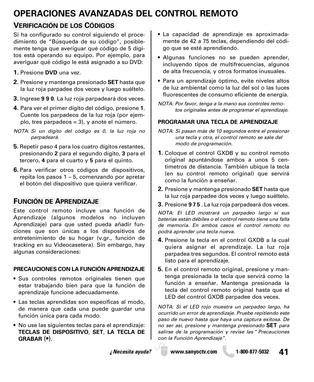 Sanyo DP52449, DP42849 manual Operaciones Avanzadas DEL Control Remoto, Verificación DE LOS Códigos, Función DE Aprendizaje 