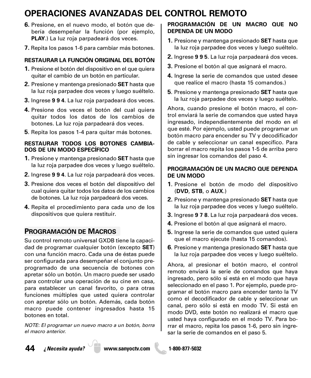 Sanyo DP52449, DP42849, DP46849 manual Programación DE Macros, Restaurar LA Función Original DEL Botón 