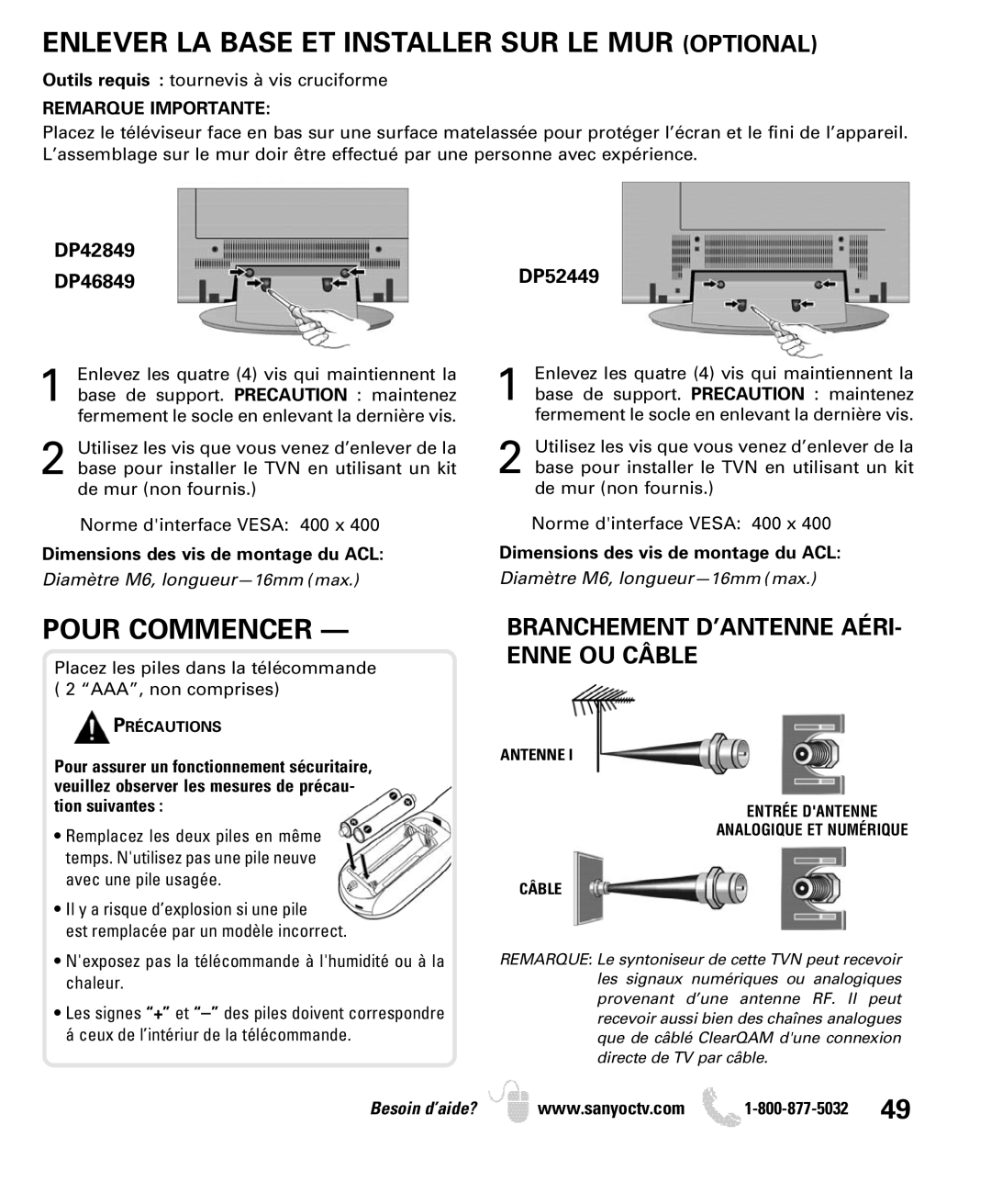 Sanyo DP46849 Enlever LA Base ET Installer SUR LE MUR Optional, Pour Commencer, Branchement D’ANTENNE AÉRI- Enne OU Câble 