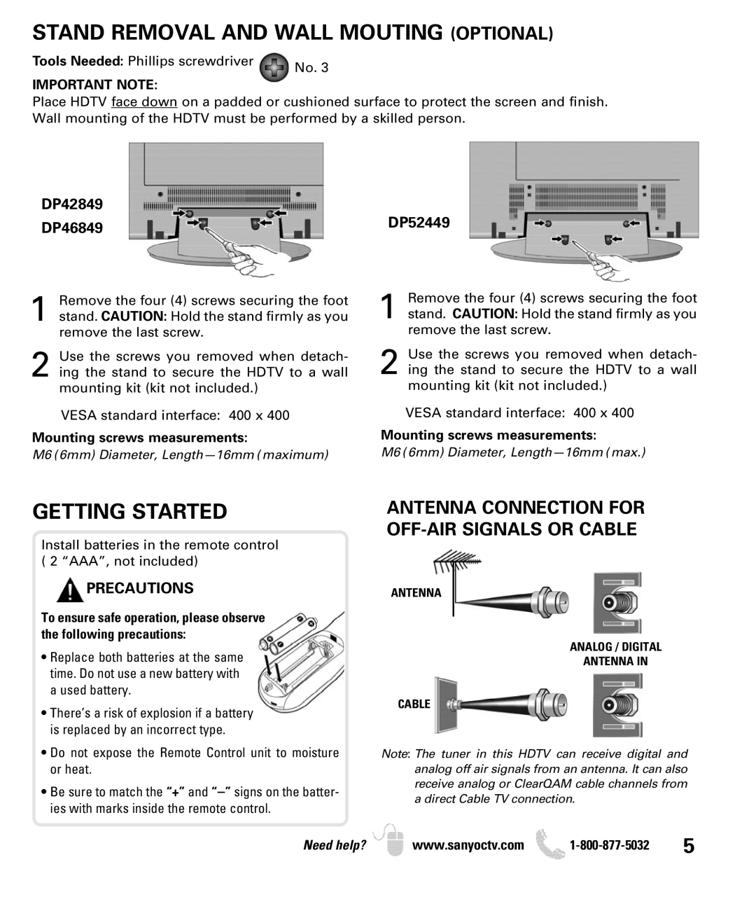 Sanyo DP52449 Stand Removal and Wall Mouting Optional, Getting Started, Antenna Connection for OFF-AIR Signals or Cable 