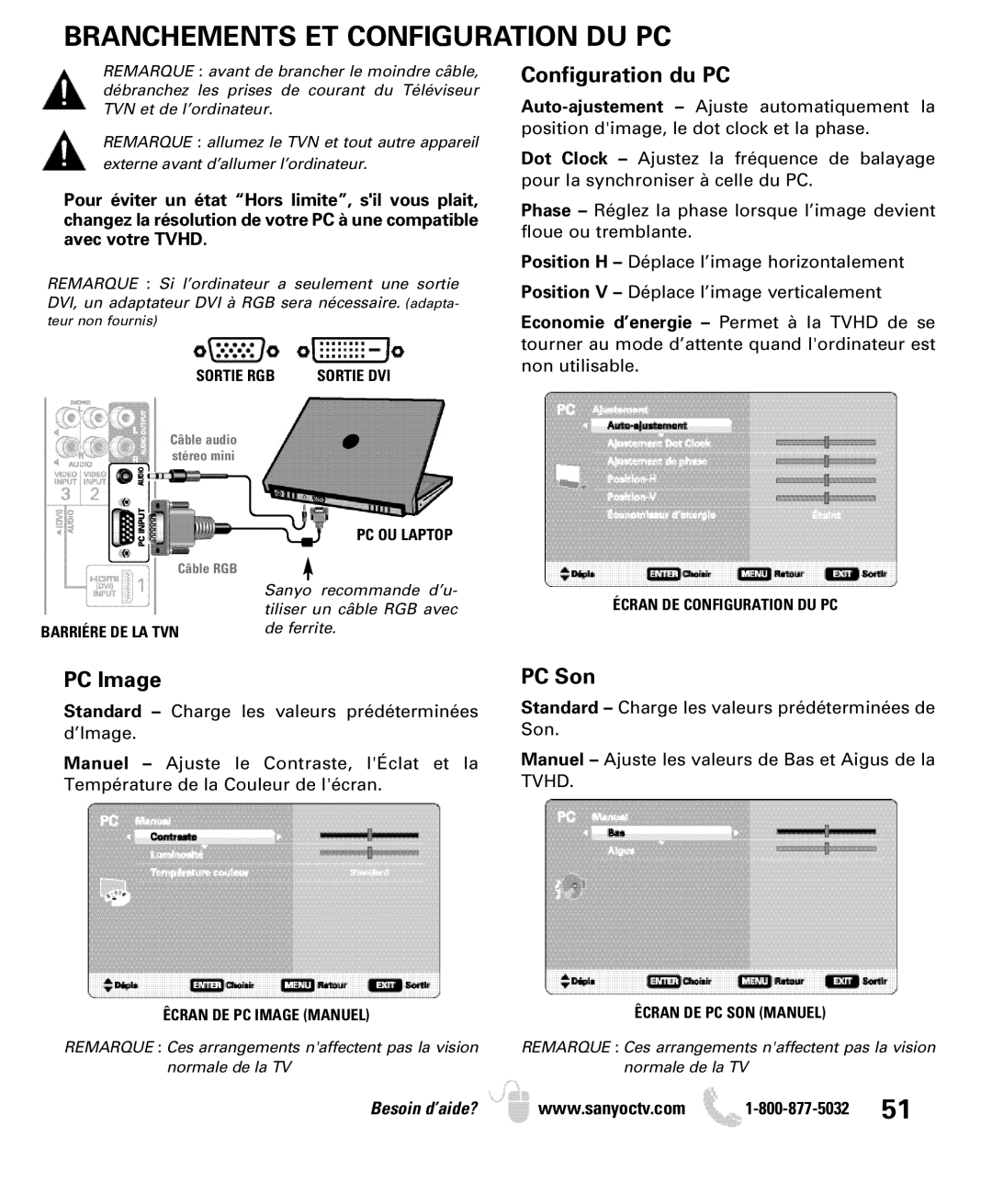 Sanyo DP42849, DP46849, DP52449 manual Branchements ET Configuration DU PC, Sortie RGB, Barriére DE LA TVN PC OU Laptop 