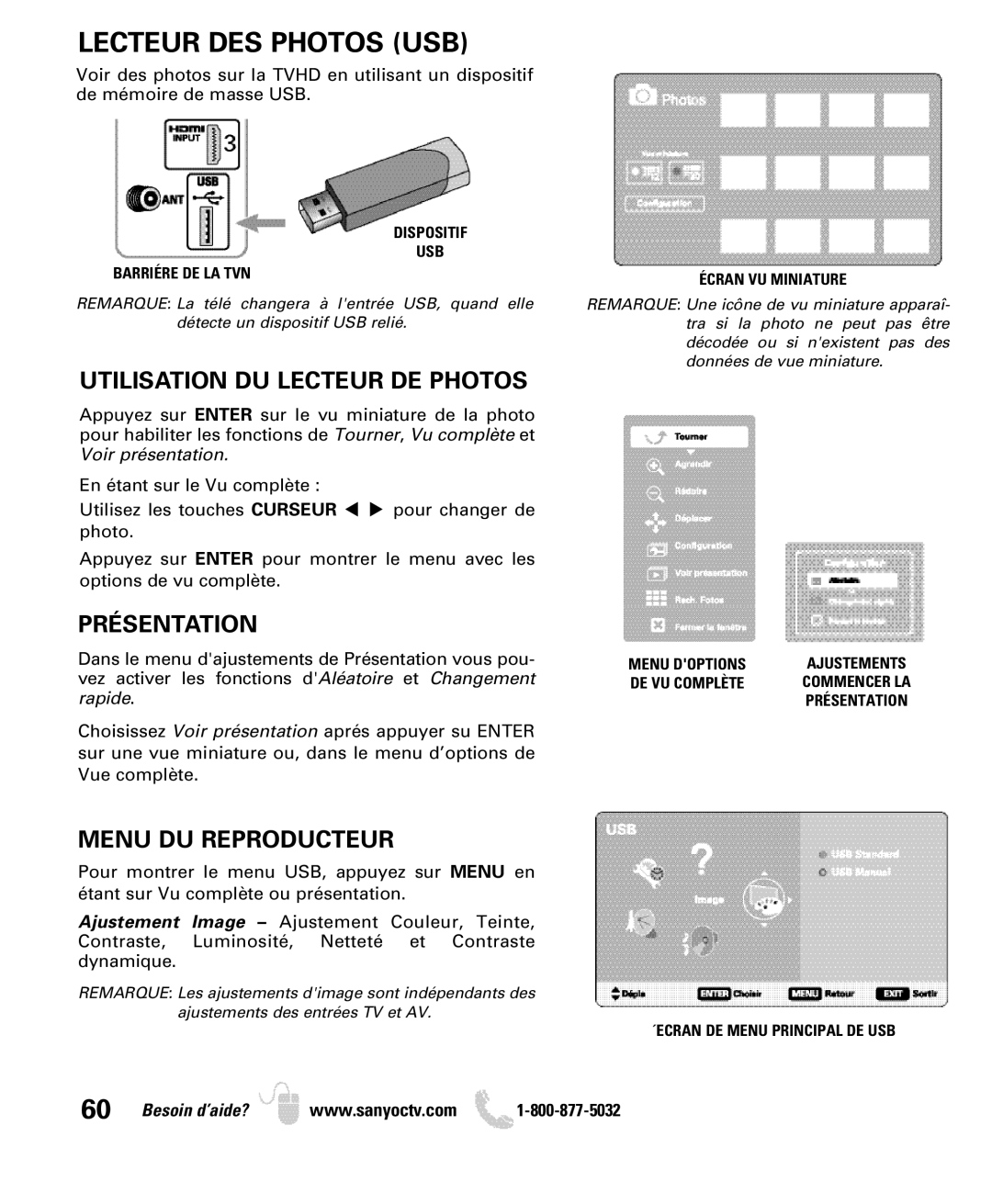 Sanyo DP42849, DP46849 manual Lecteur DES Photos USB, Utilisation DU Lecteur DE Photos, Présentation, Menu DU Reproducteur 