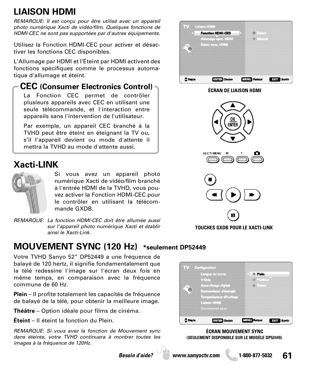 Sanyo DP46849, DP42849, DP52449 manual Écran DE Liaison Hdmi Touches Gxdb Pour LE XACTI-LINK, Écran Mouvement Sync 