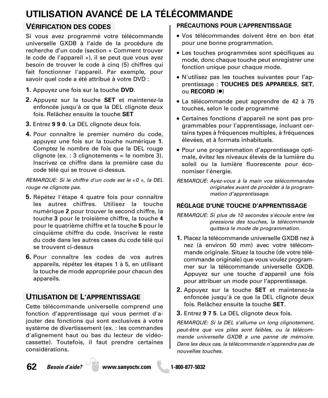 Sanyo DP52449, DP42849 manual Utilisation Avancé DE LA Télécommande, Vérification DES Codes, Utilisation DE L’APPRENTISSAGE 