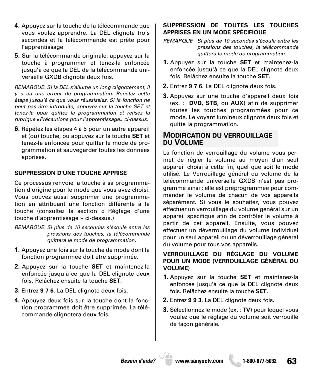 Sanyo DP42849, DP46849, DP52449 manual Modification DU Verrouillage DU Volume, Suppression Dune Touche Apprise 