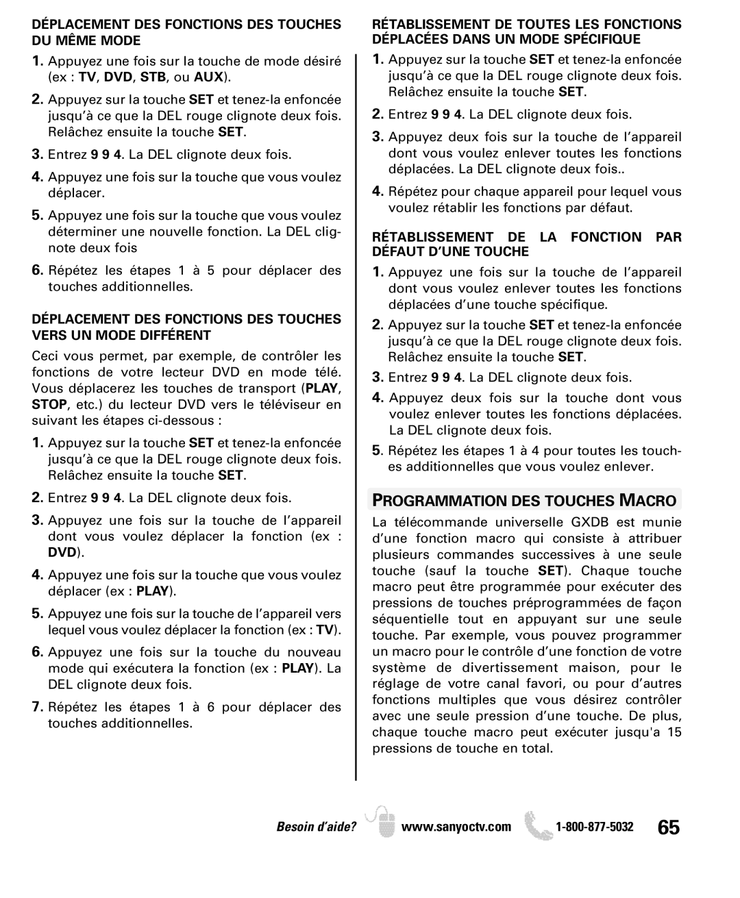 Sanyo DP52449, DP42849, DP46849 manual Programmation DES Touches Macro, Déplacement DES Fonctions DES Touches DU Même Mode 