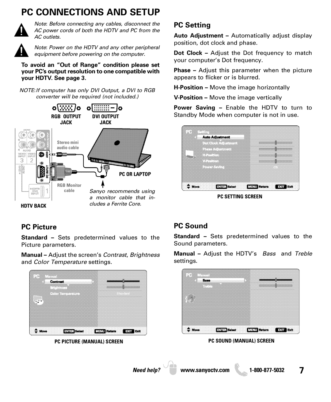 Sanyo DP46849 PC Connections and Setup, RGB Output DVI Output Jackjack, Hdtv Back PC or Laptop, PC Picture Manual Screen 