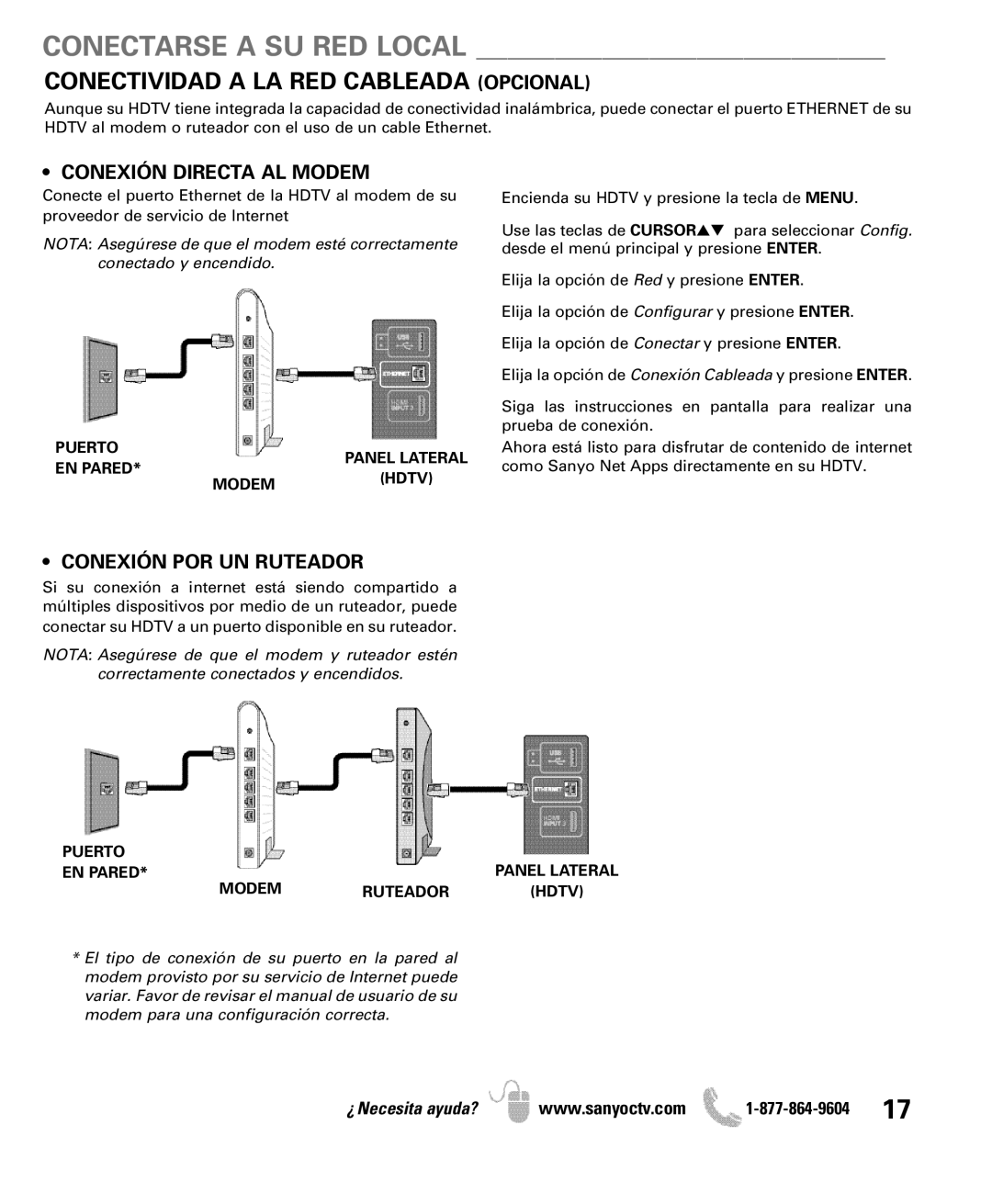 Sanyo DP42851 owner manual Conectividad a LA RED Cableada Opcional, Conexión Directa AL Modem, Conexión POR UN Ruteador 