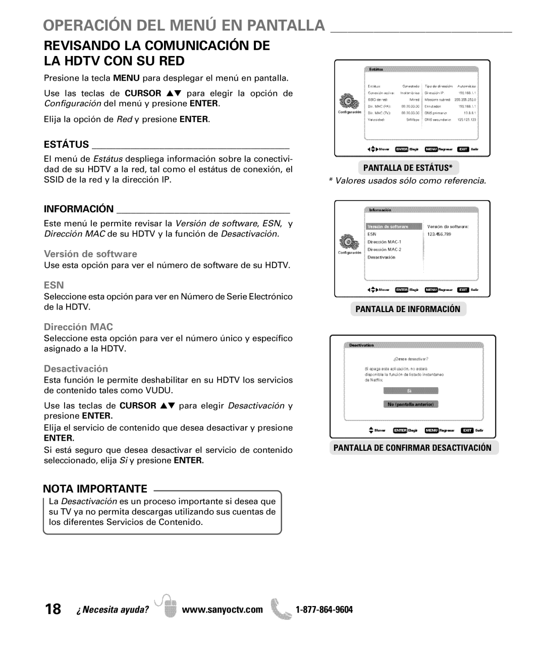 Sanyo DP42851 owner manual Operación DEL Menú EN Pantalla, Revisando LA Comunicación DE LA Hdtv CON SU RED, Nota Importante 