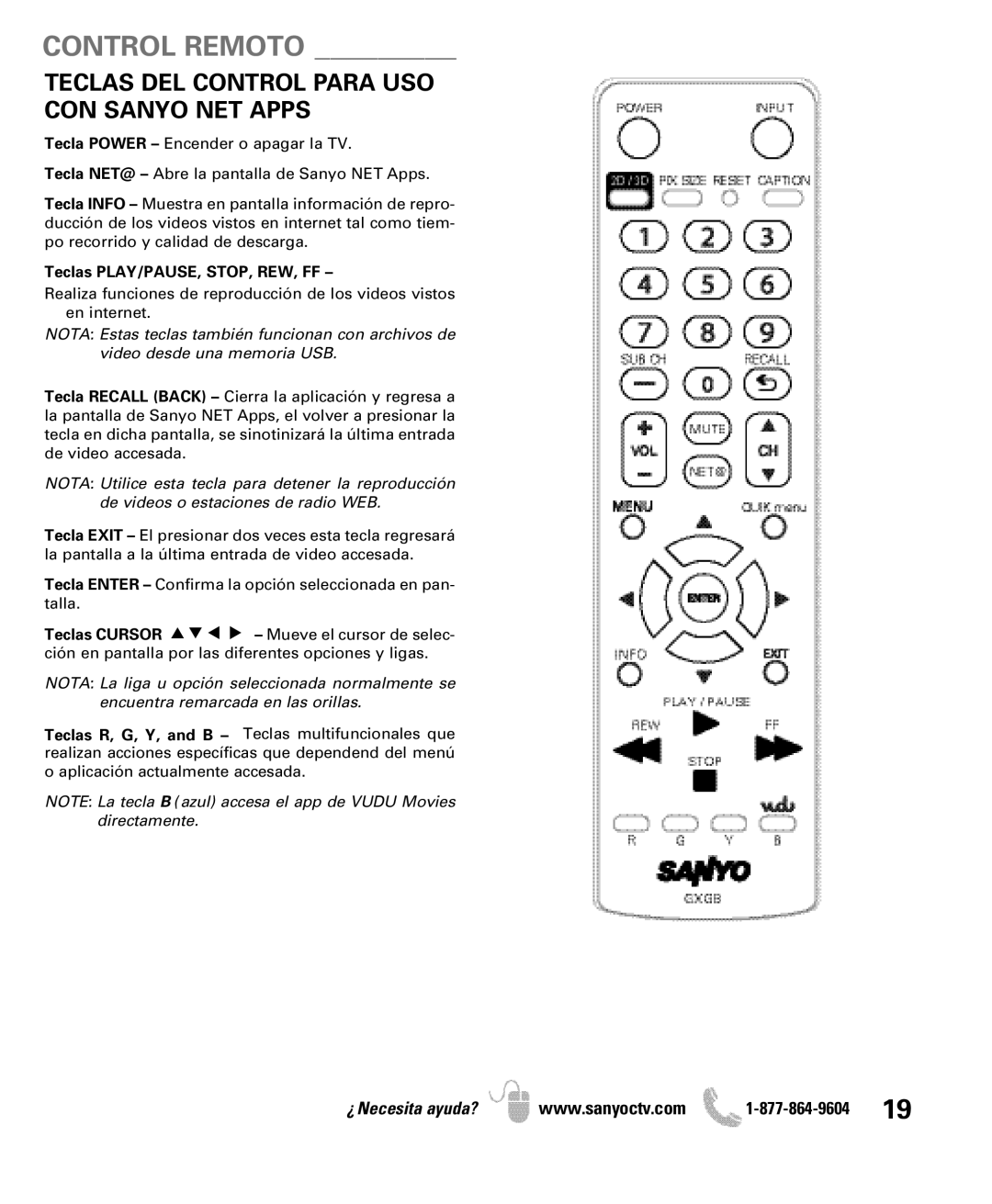 Sanyo DP42851 owner manual Control Remoto, Teclas DEL Control Para USO CON Sanyo NET Apps, Teclas PLAY/PAUSE, STOP, REW, FF 