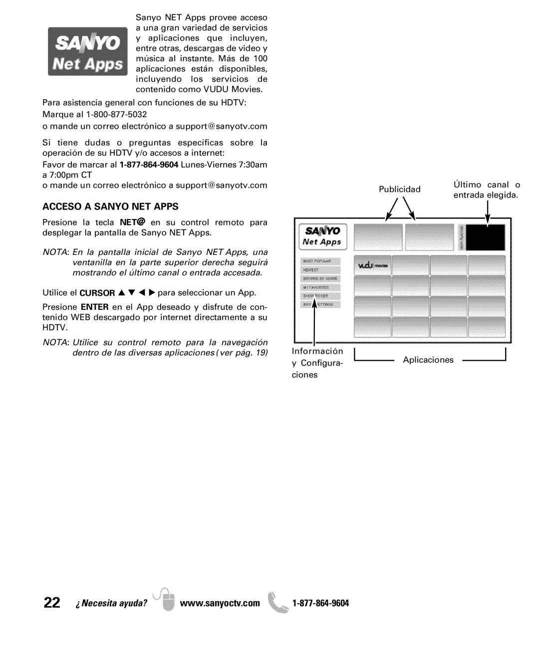 Sanyo DP42851 owner manual Acceso a Sanyo NET Apps, Dentro de las diversas aplicaciones ver pág 