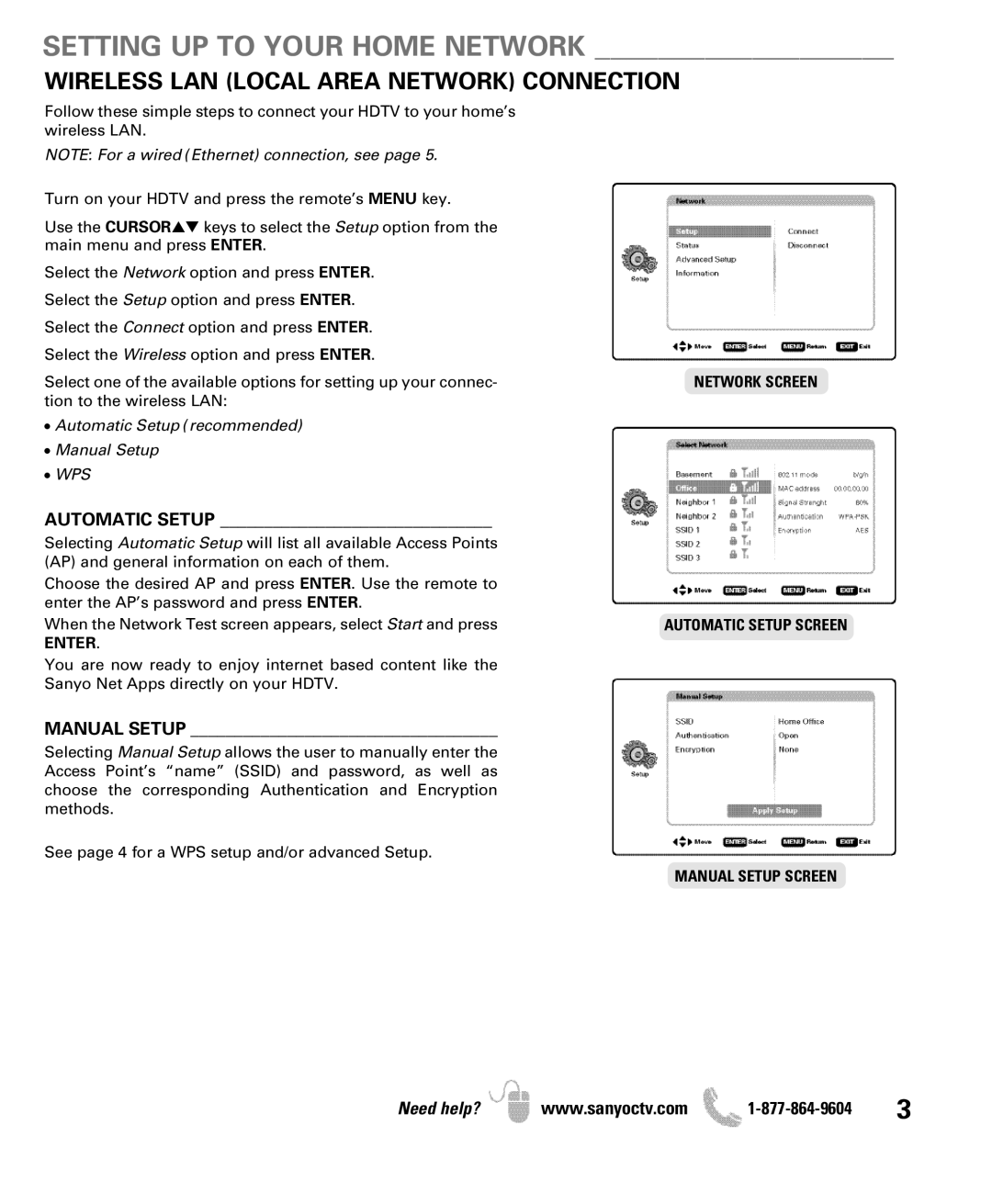 Sanyo DP42851 Setting UP to Your Home Network, Wireless LAN Local Area Network Connection, Automatic Setup, Manual Setup 