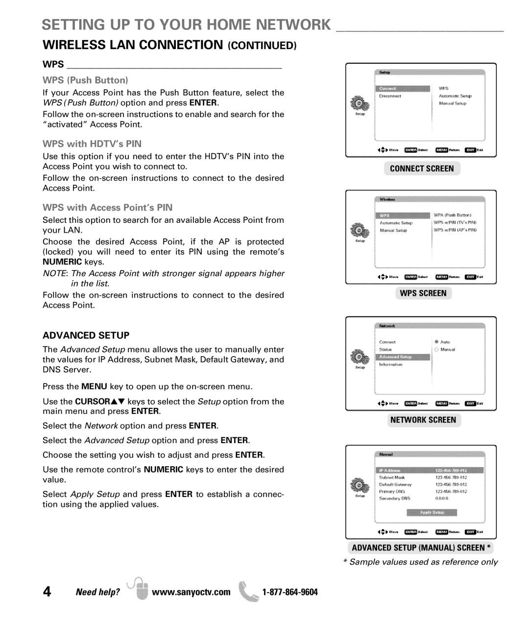 Sanyo DP42851 owner manual Setting UP to Your Home Network, Wireless LAN Connection, Advanced Setup 