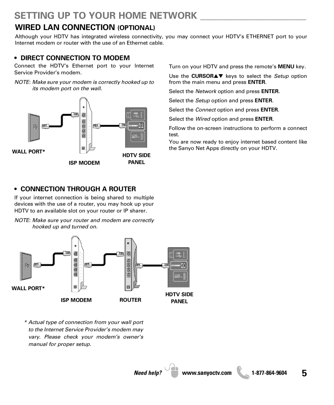 Sanyo DP42851 owner manual Wired LAN Connection Optional, Direct Connection to Modem, Connection Through a Router 