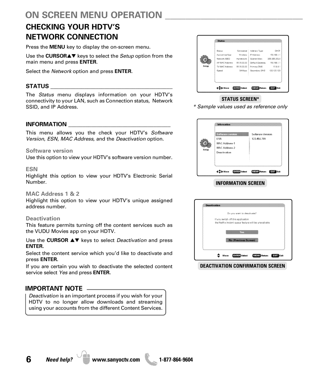 Sanyo DP42851 Checking Your HDTV’S Network Connection, Important Note, Software version, MAC Address 1, Deactivation 