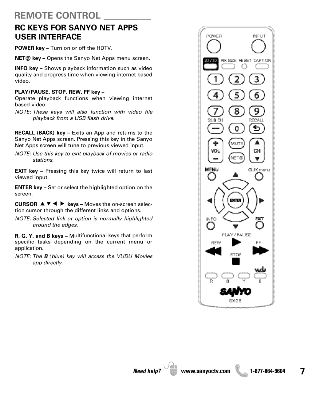 Sanyo DP42851 owner manual Remote Control, RC Keys for Sanyo NET Apps User Interface, PLAY/PAUSE, STOP, REW, FF key 