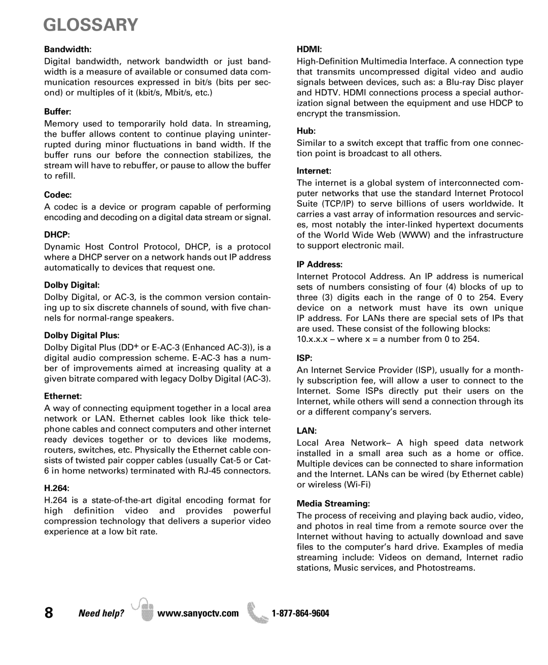 Sanyo DP42851 owner manual Dhcp, Hdmi, Isp, Lan 