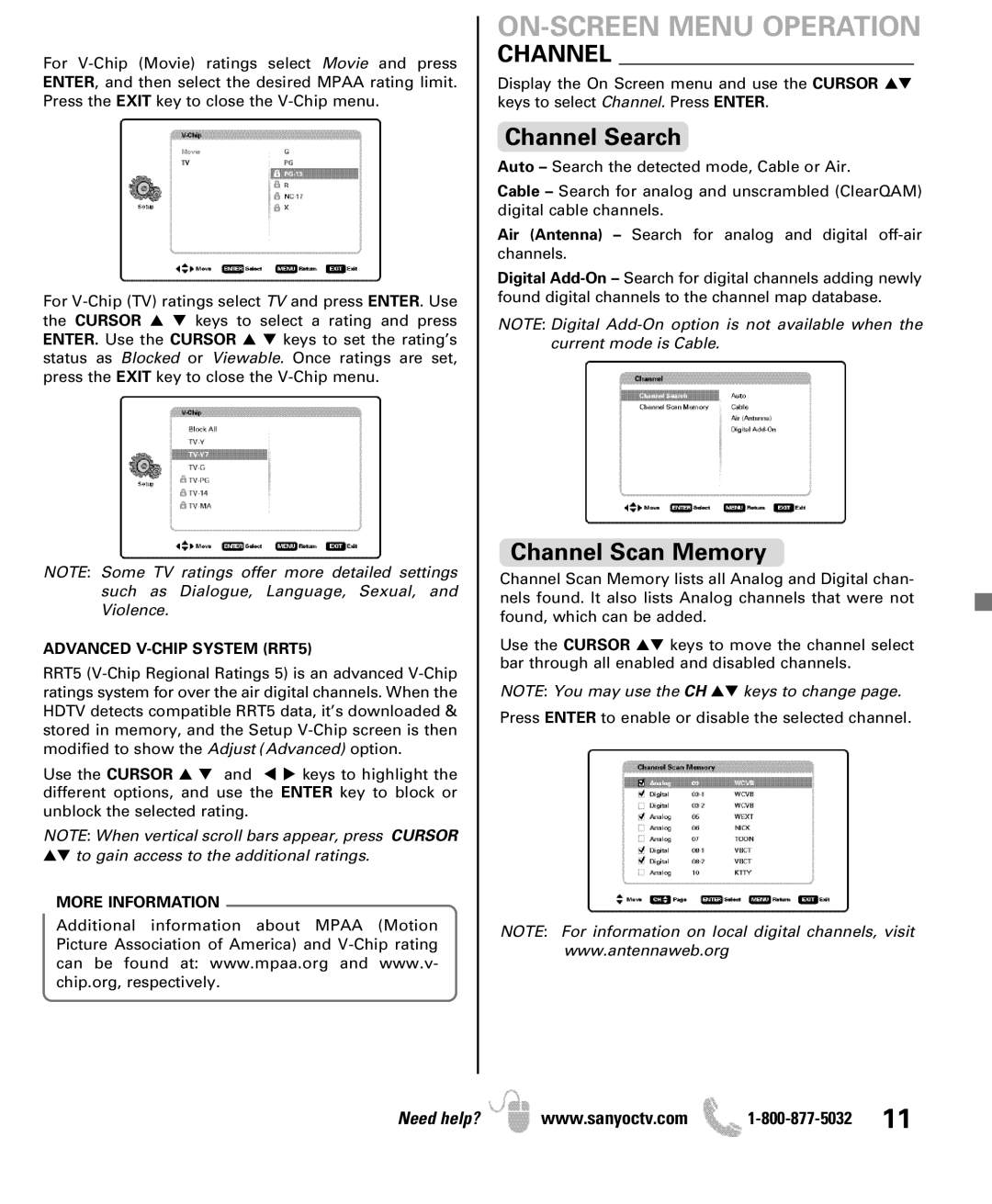 Sanyo DP42851 manual Channel Search, Channel Scan Memory, Advanced V-CHIP System RRT5, More Information 