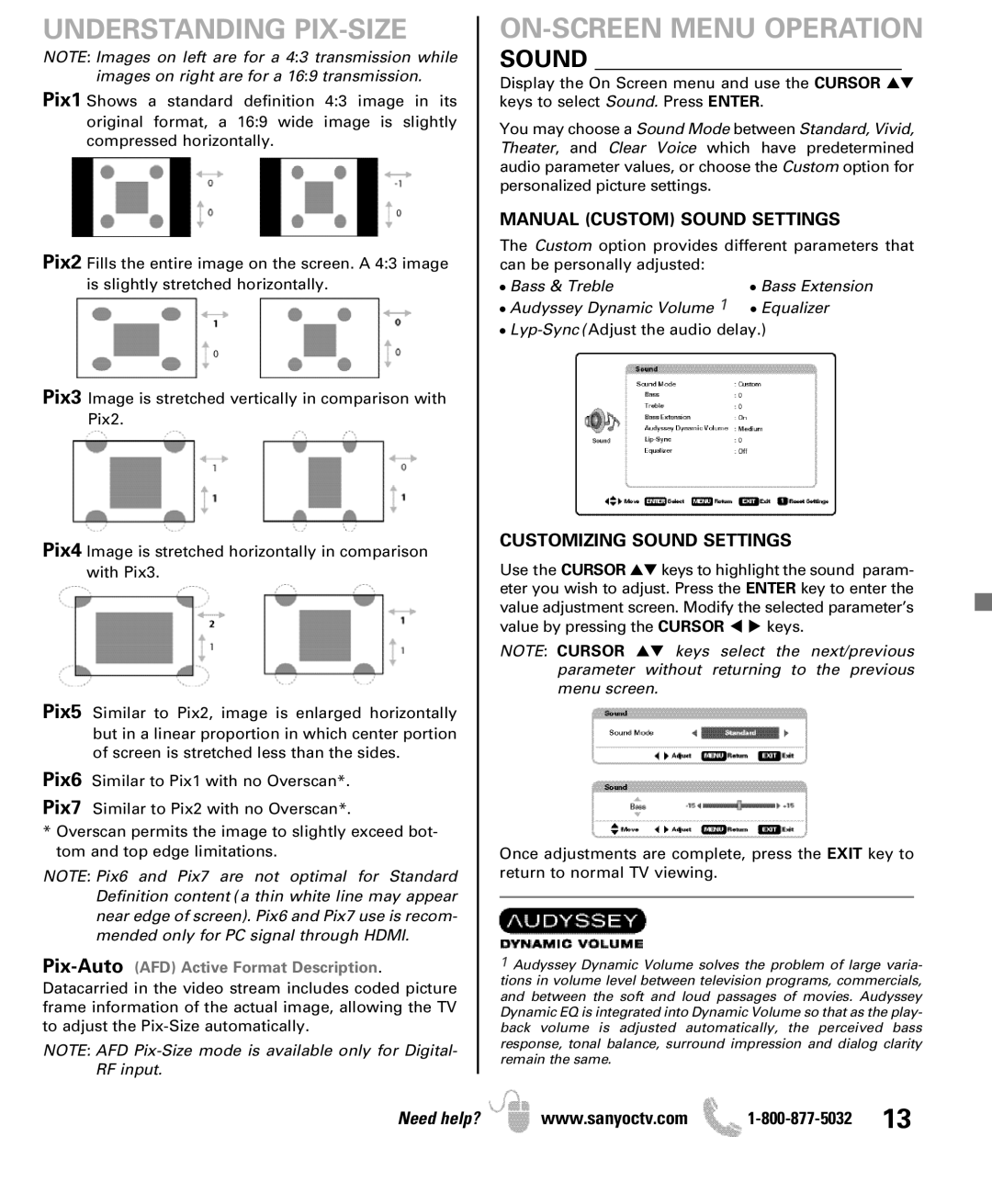 Sanyo DP42851 manual Understanding PIX-SIZE, Manual Custom Sound Settings, Customizing Sound Settings 