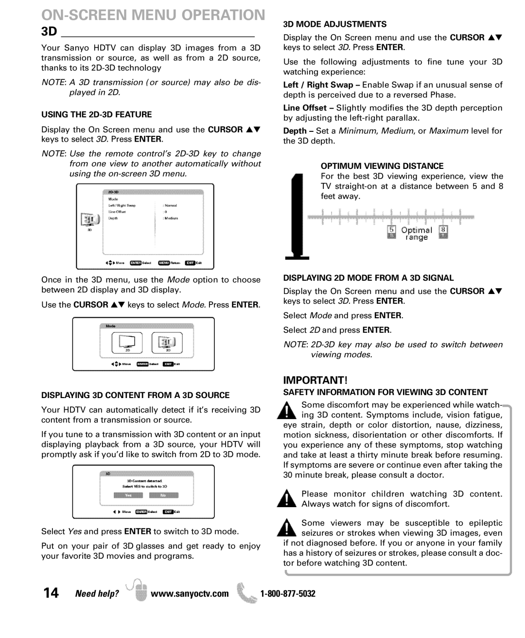 Sanyo DP42851 Using the 2D-3D Feature, 3D Mode Adjustments, Optimum Viewing Distance, Displaying 2D Mode from a 3D Signal 