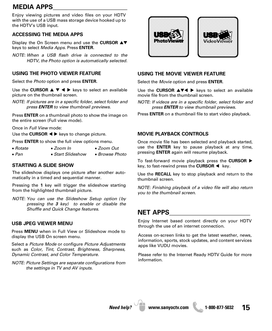 Sanyo DP42851 manual Media Apps, NET Apps 