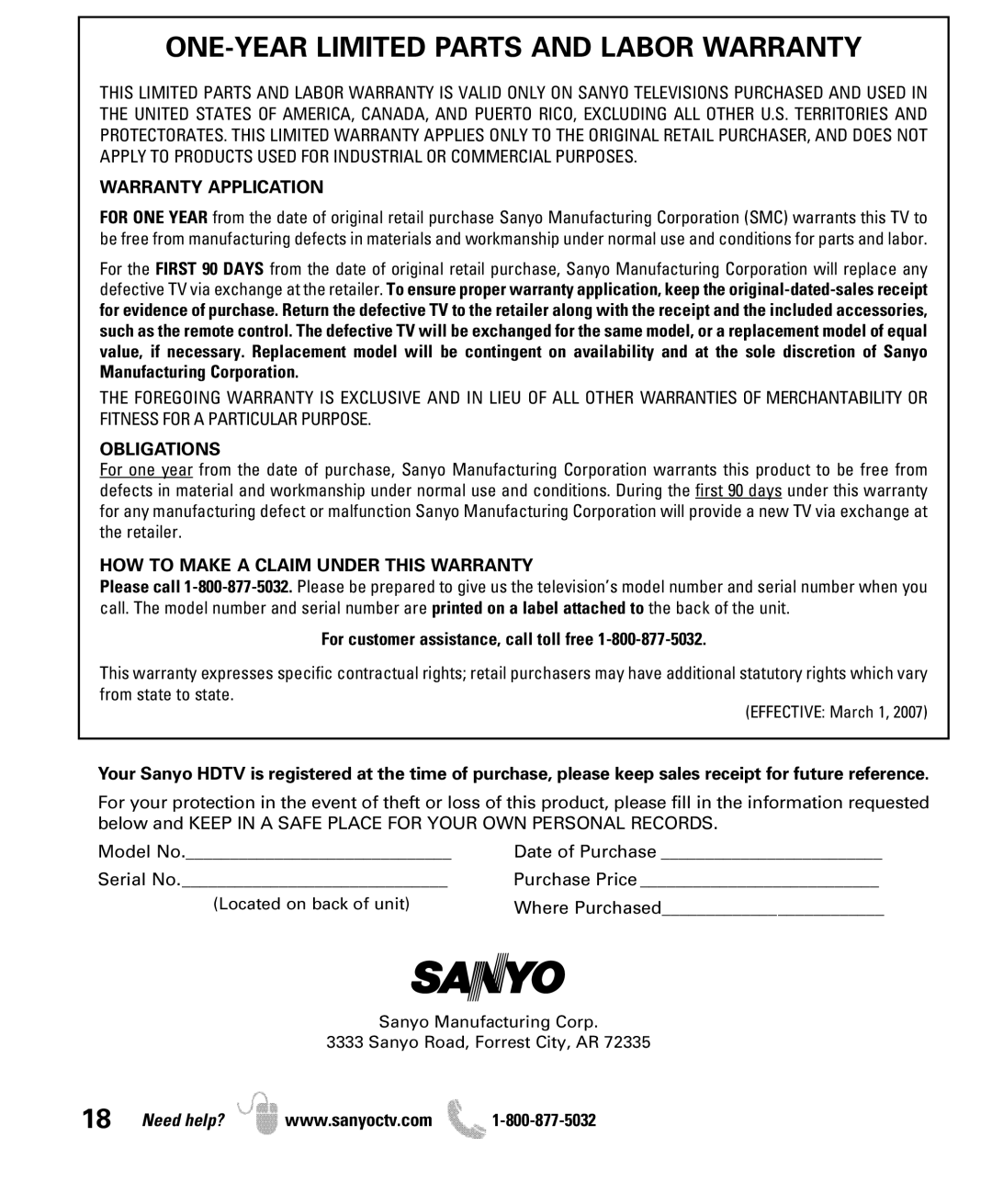 Sanyo DP42851 manual ONE-YEAR Limited Parts and Labor Warranty, Warranty Application, Obligations 