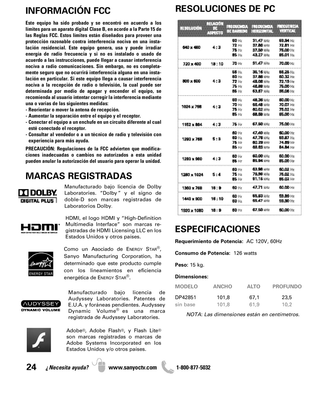 Sanyo DP42851 manual Información FCC, Marcas Registradas, Especificaciones 