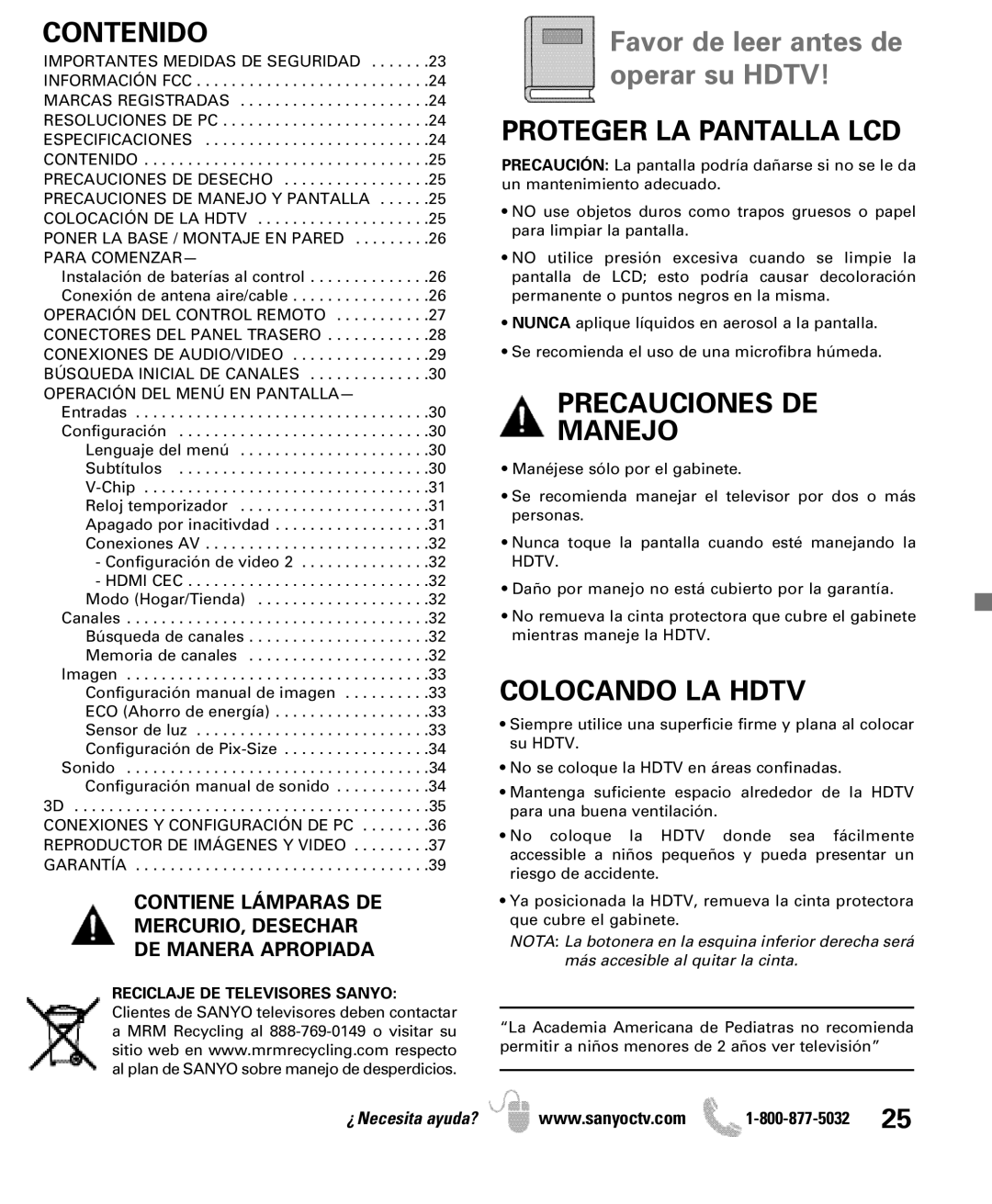 Sanyo DP42851 manual Contenido, Proteger LA Pantalla LCD, Precauciones DE Manejo, Colocando LA Hdtv 