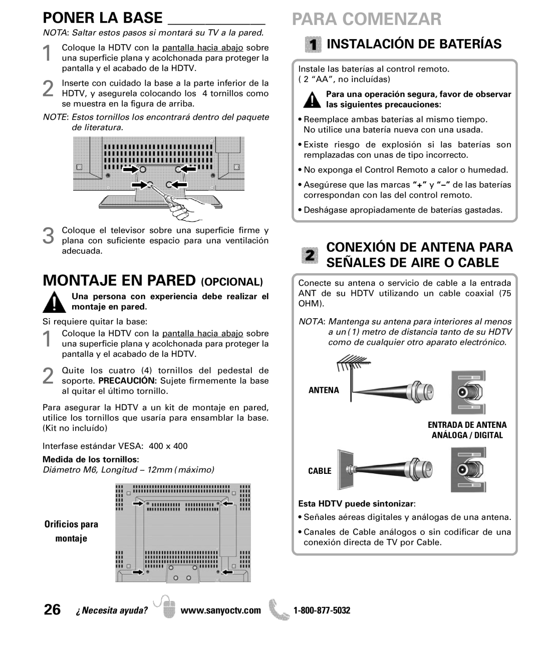 Sanyo DP42851 manual Montaje EN Pared Opcional, Instalación DE Baterías, Conexión DE Antena Para Señales DE Aire O Cable 