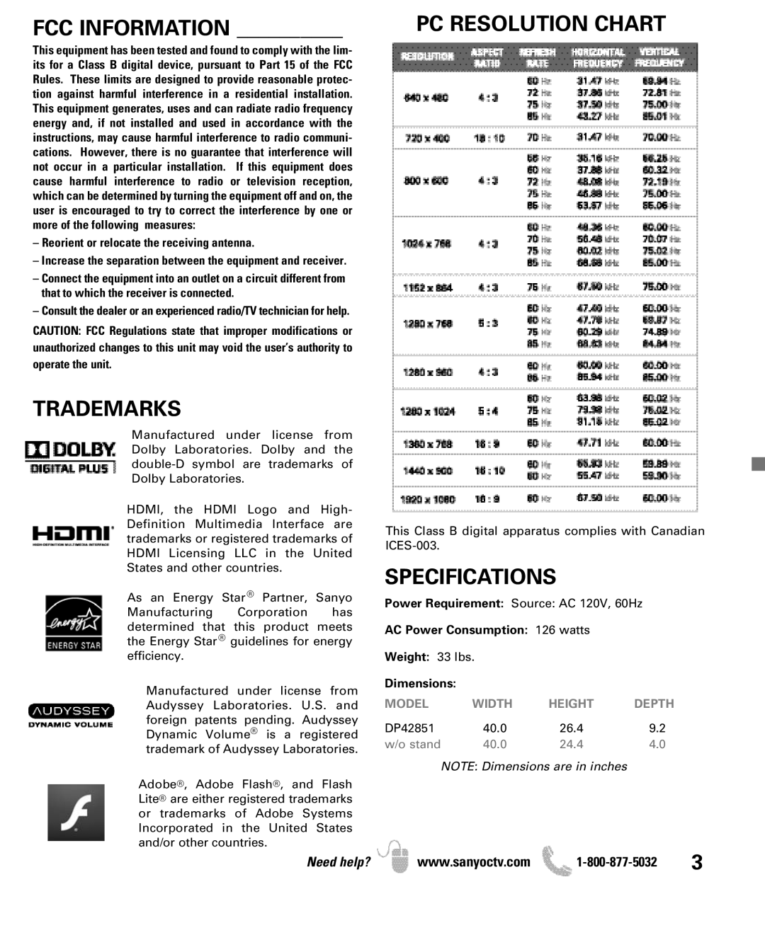 Sanyo DP42851 manual FCC Information, Trademarks, PC Resolution Chart, Specifications 