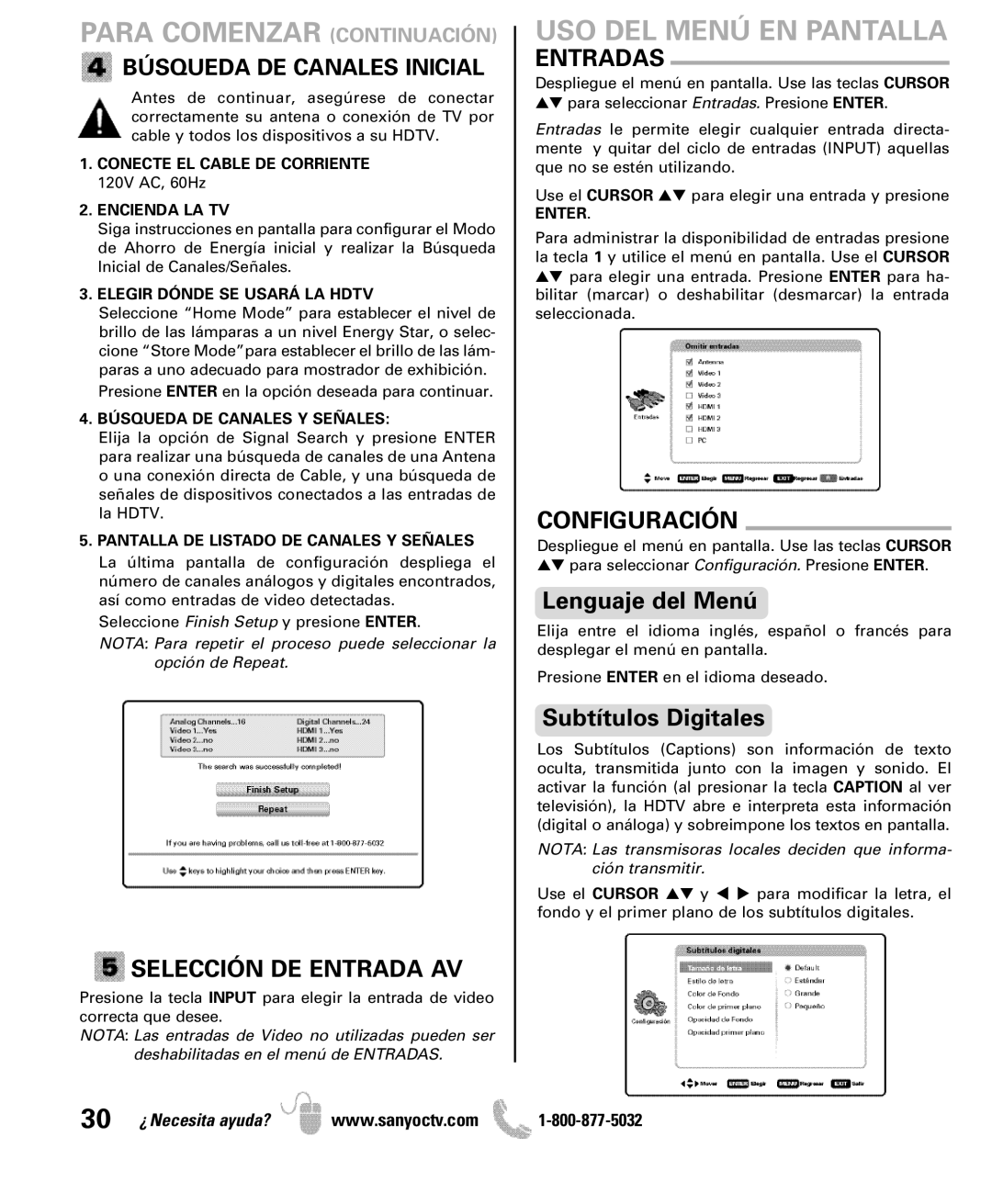 Sanyo DP42851 manual Para Comenzar Continuación, USO DEL Menú EN Pantalla, Selección DE Entrada AV, Entradas, Configuración 