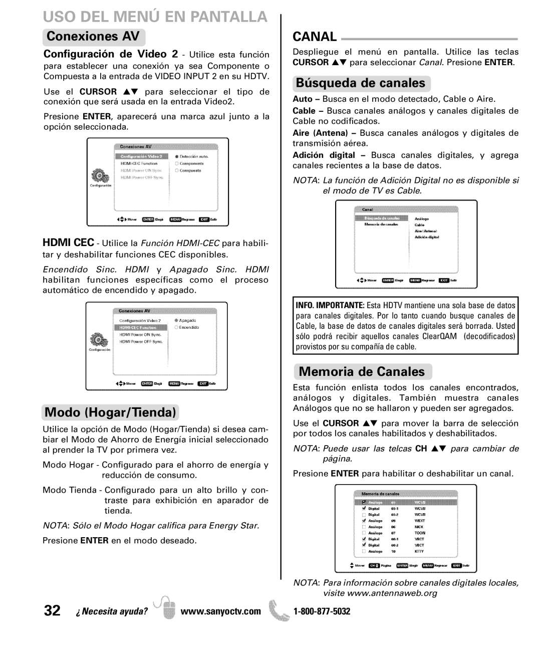 Sanyo DP42851 manual Conexiones AV, Modo Hogar/Tienda, Búsqueda de canales, Memoria de Canales 