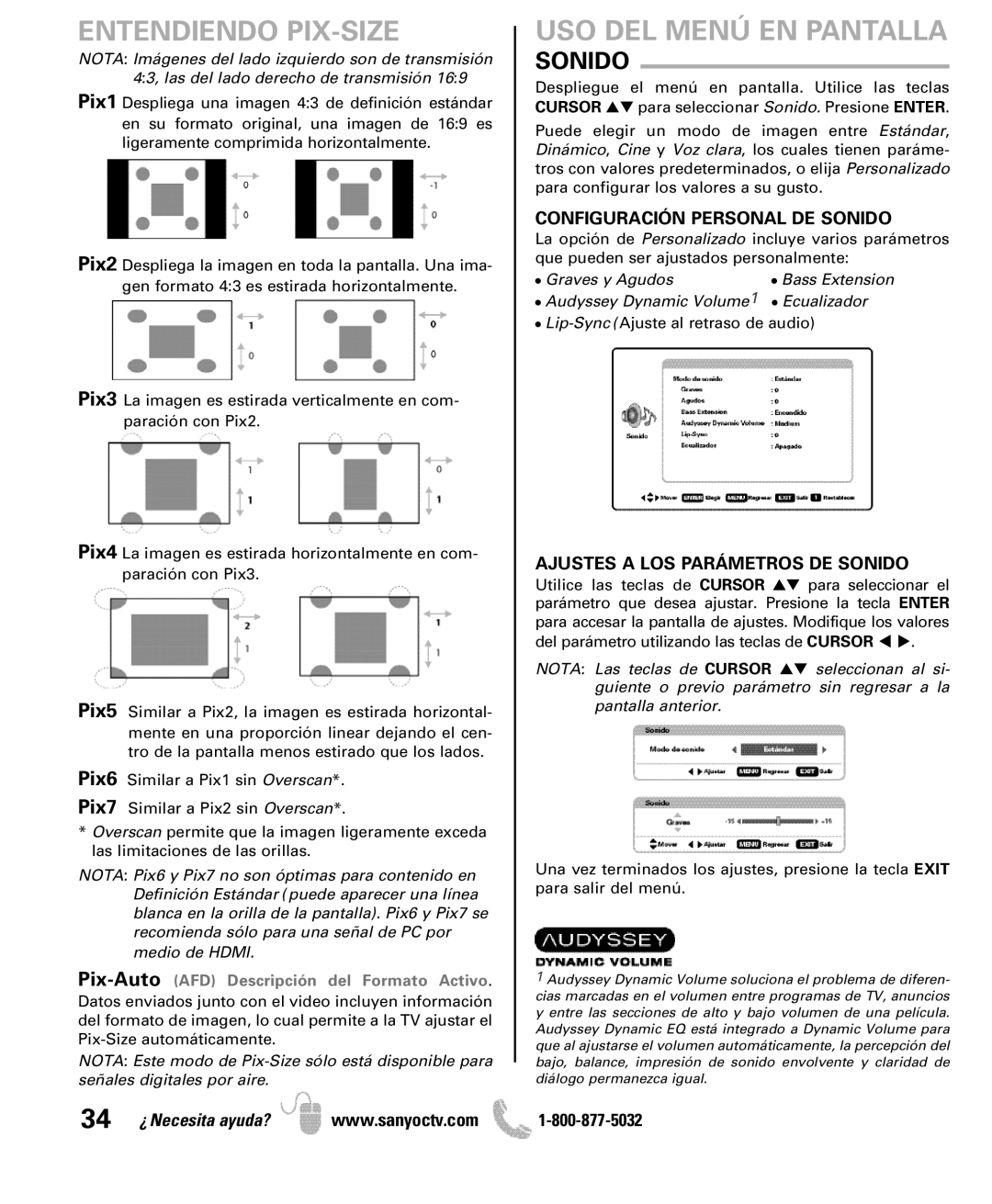 Sanyo DP42851 manual Entendiendo PIX-SIZE, Configuración Personal DE Sonido, Ajustes a LOS Parámetros DE Sonido 