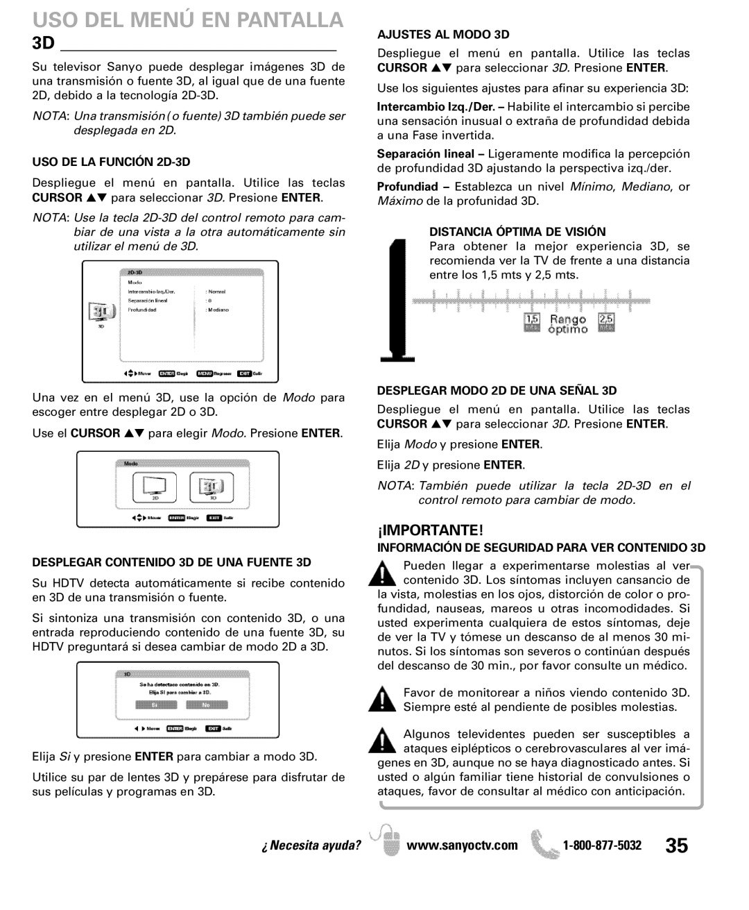 Sanyo DP42851 manual USO DE LA Función 2D-3D, Desplegar Contenido 3D DE UNA Fuente 3D, Ajustes AL Modo 3D 