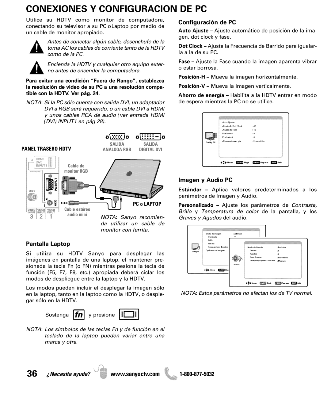 Sanyo DP42851 manual Conexiones Y Configuracion DE PC, Configuración de PC, Imagen y Audio PC, Pantalla Laptop 