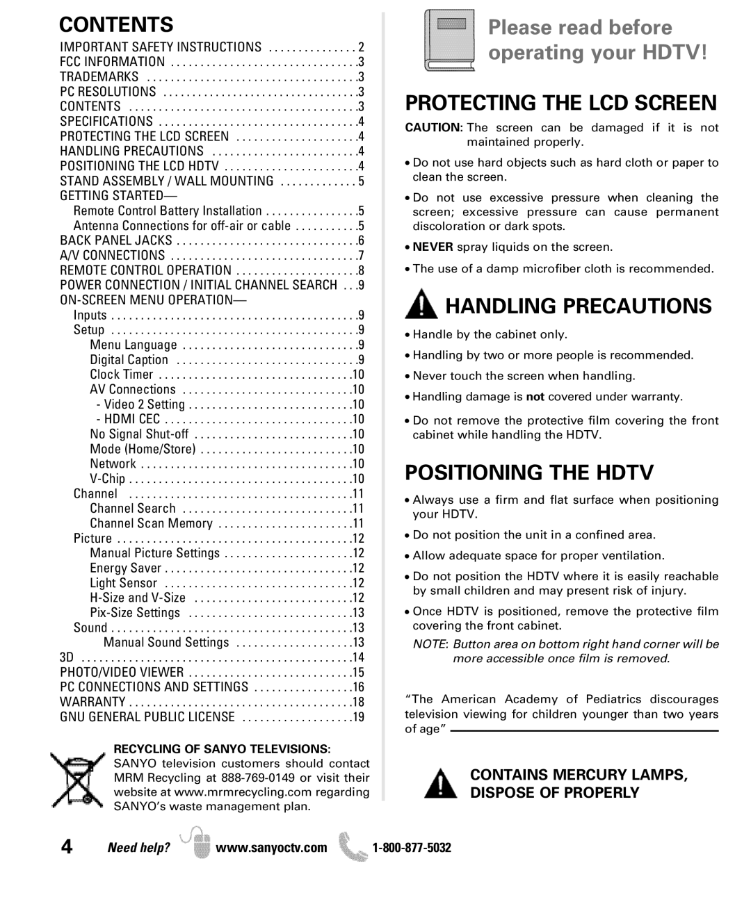 Sanyo DP42851 manual Contents, Protecting the LCD Screen, Handling Precautions, Positioning the Hdtv 