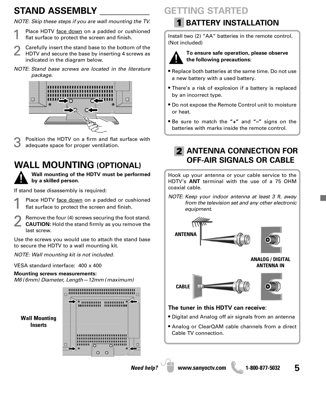 Sanyo DP42851 manual Wall Mounting Optional, Getting Started, Battery Installation 