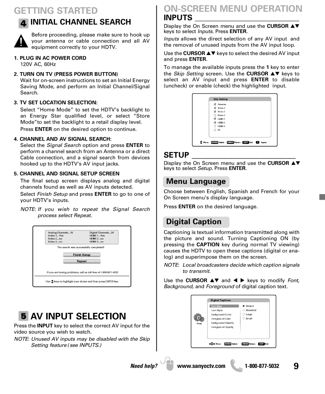 Sanyo DP42851 manual AV Input Selection, ON-SCREEN Menu Operation, Initial Channel Search 