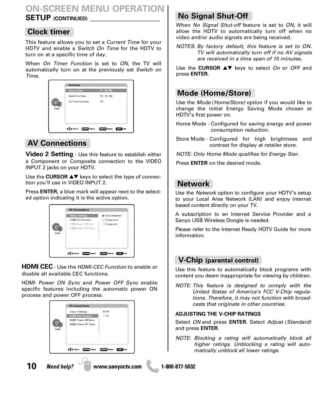Sanyo DP42861 manual Setup Clock timer, AV Connections, No Signal Shut-Off, Mode Home/Store, Network 