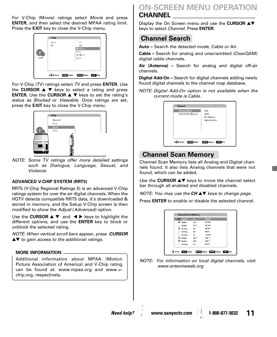 Sanyo DP42861 manual Channel Search, Channel Scan Memory, Advanced V-CHIP System RRT5, More Information 