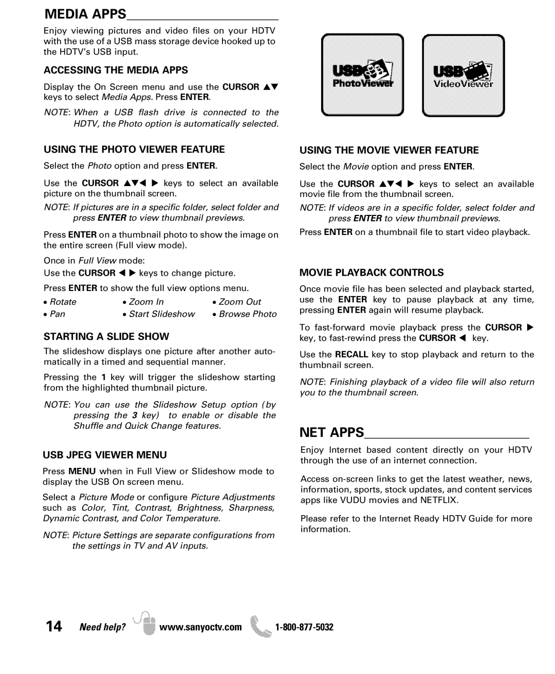 Sanyo DP42861 manual Media Apps, NET Apps 