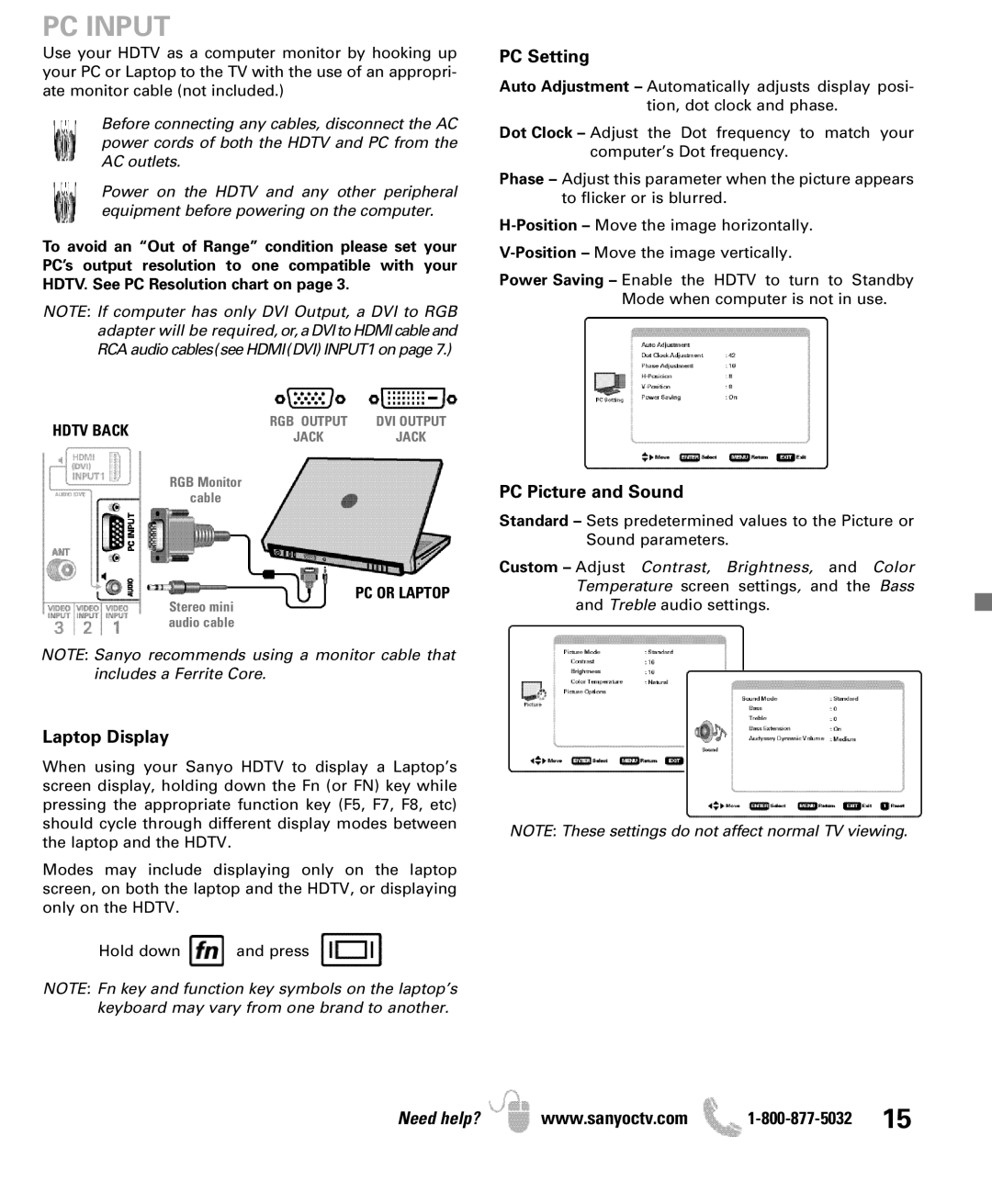 Sanyo DP42861 manual PC Input, PC Setting, Laptop Display, PC Picture and Sound, PC or Laptop 