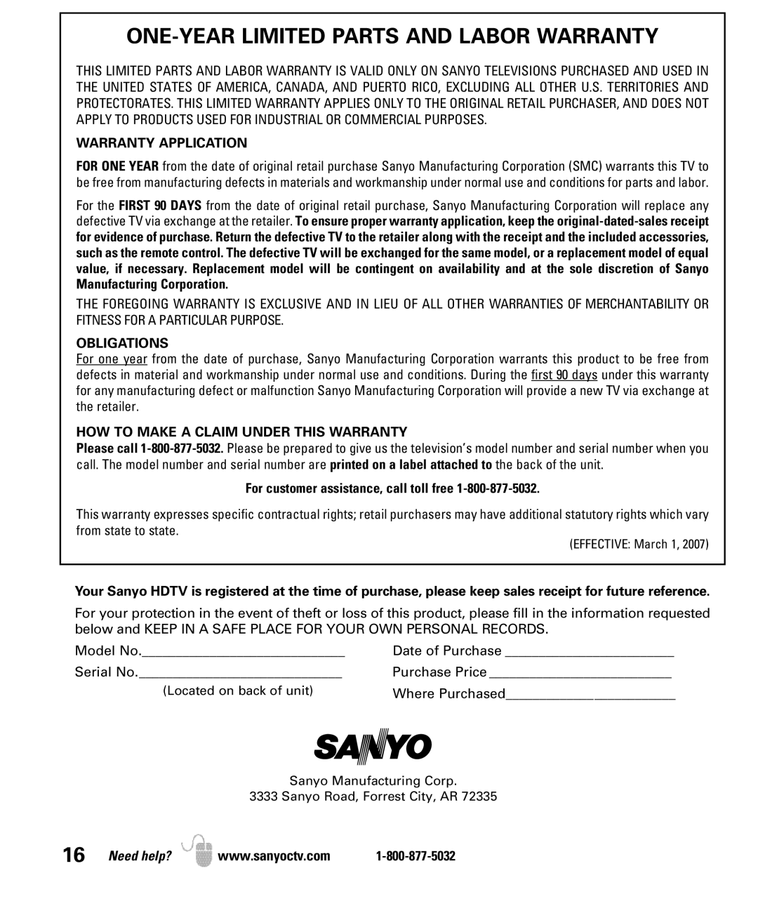 Sanyo DP42861 manual ONE-YEAR Limited Parts and Labor Warranty, Warranty Application, Obligations 