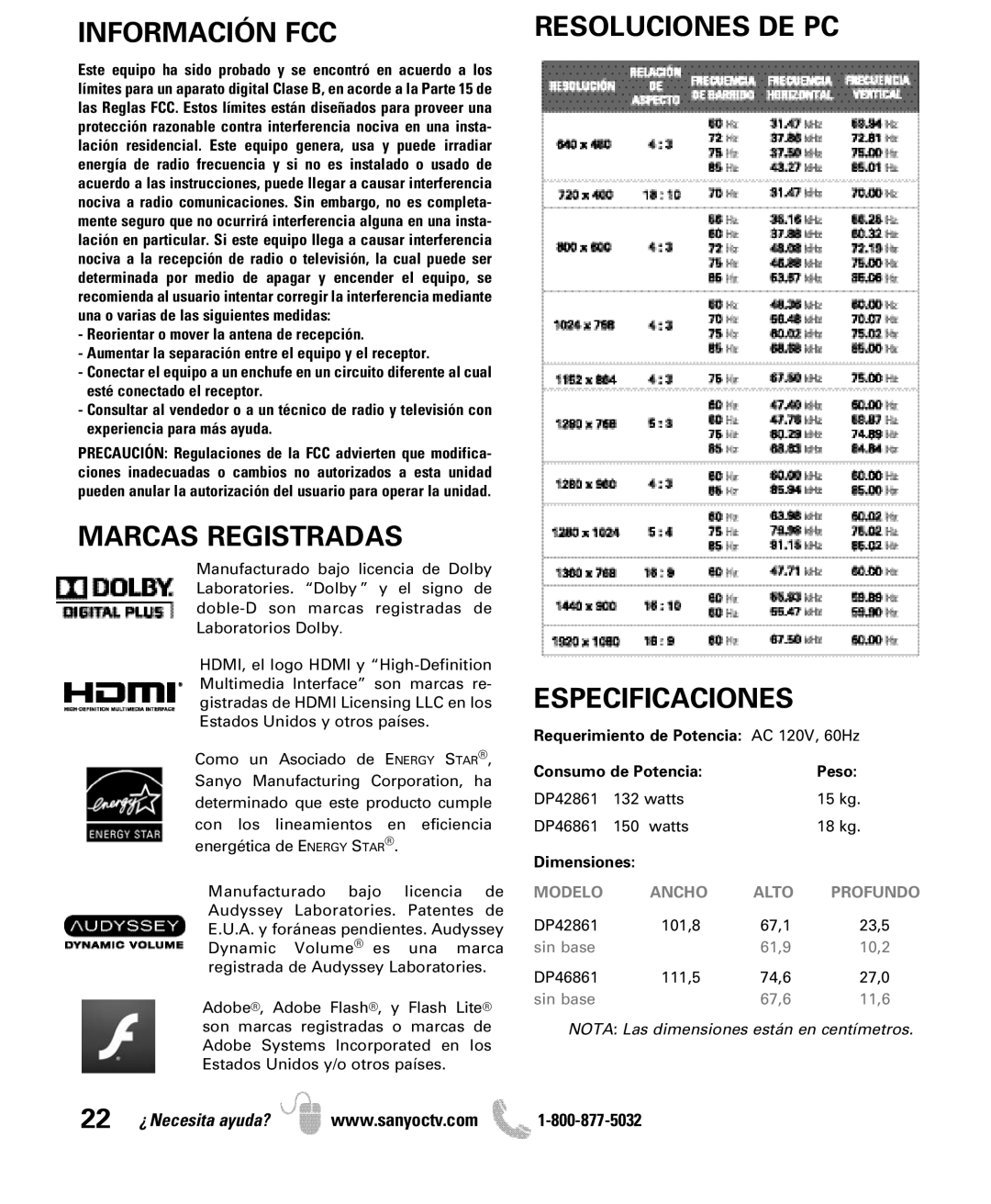 Sanyo DP42861 manual Información FCC, Marcas Registradas, Especificaciones 