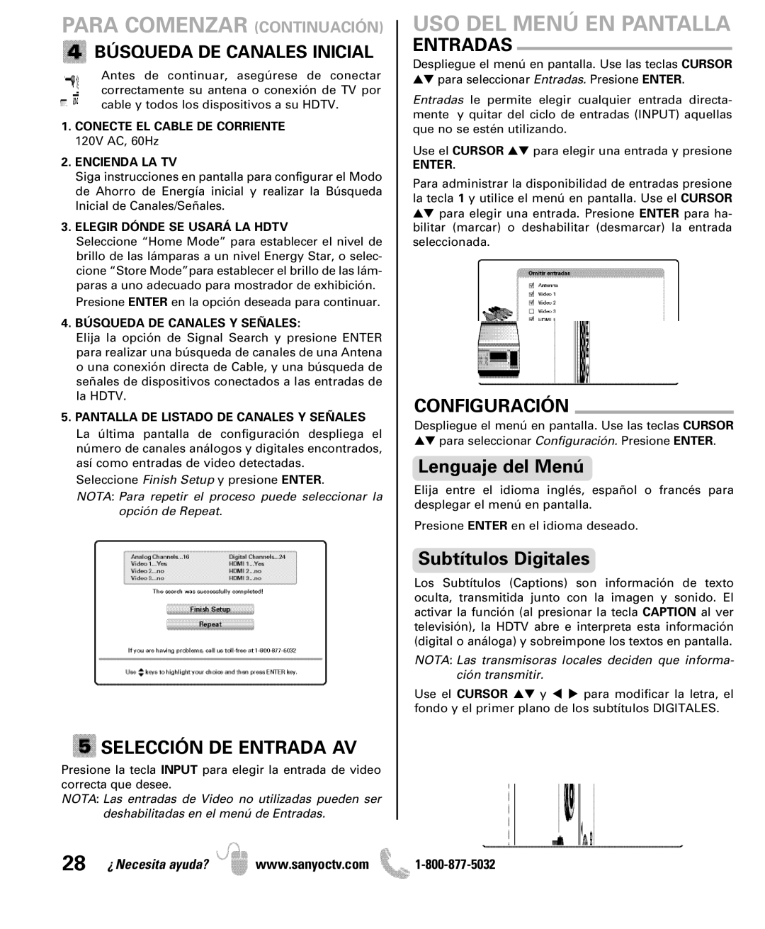 Sanyo DP42861 manual Para Comenzar Continuación, USO DEL Menú EN Pantalla, Selección DE Entrada AV, Entradas, Configuración 